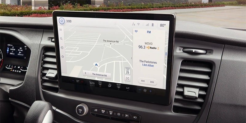 Close up view of the touchscreen of a 2024 Ford Transit