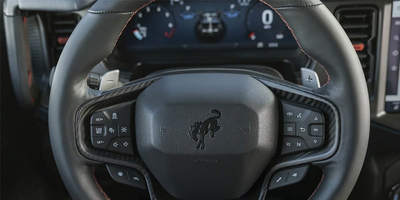 close up view of the steering wheel of a 2024 Ford Bronco