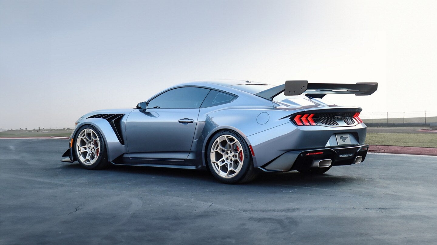 Rear side view of a 2025 Ford Mustang GTD